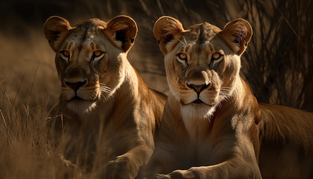 La lionne sauvage dans la savane africaine majestueuse et en voie de disparition regarde avec vigilance générée par l'intelligence artificielle
