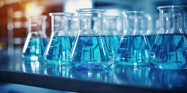 Photo gratuite liquide bleu dans des verres de laboratoire sur un bureau de laboratoire scientifique