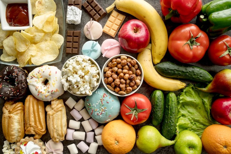 Photo gratuit une liste complète d'aliments sains et malsains