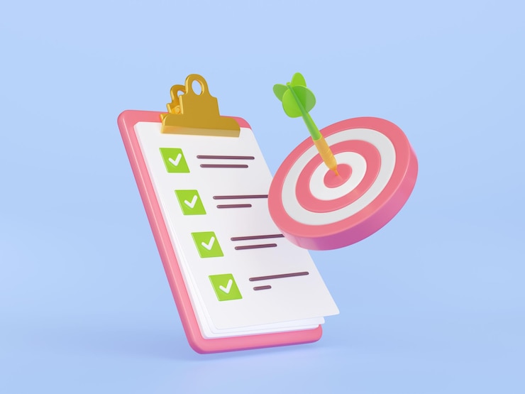 Photo gratuit liste de contrôle de rendu 3d avec bullseye cible et flèche