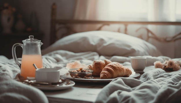 Literie confortable croissant et café pour la détente généré par l'IA