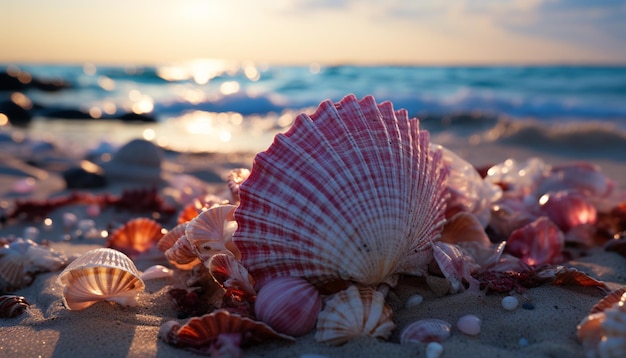 Photo gratuite littoral tranquille été coucher de soleil collection de coquillages beauté naturelle générée par l'intelligence artificielle