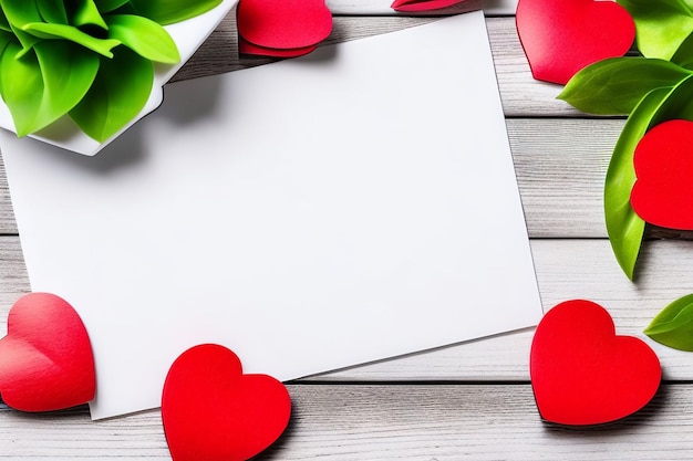 Un livre blanc avec des coeurs rouges dessus se trouve sur une table en bois