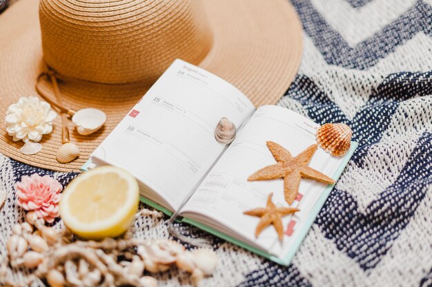 Livre avec des étoiles de mer et des éléments de plage