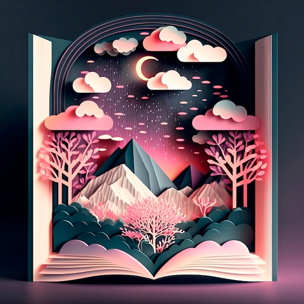 Livre magique de conte de fées de paysage de montagne la nuit