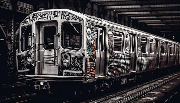 Photo gratuite locomotive à l'ancienne sur voie ferrée en noir et blanc générée par l'ia