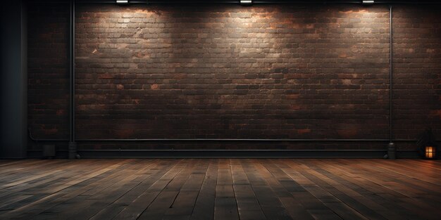 Un loft spacieux avec des planchers en bois profond et un mur de briques noires mates