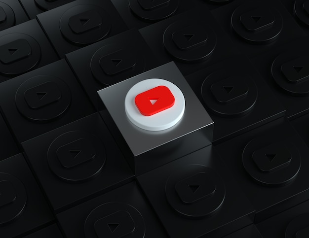 Logo youtube 3D sur un support argenté avec des logos sombres en arrière-plan