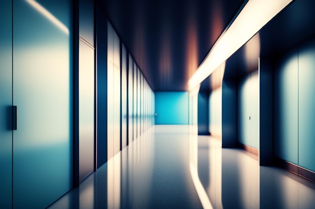 Un long couloir aux murs de verre bleu et une lumière qui dit "les mots dessus"