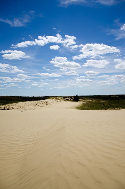 Long sentier de sable brillant sous le ciel bleu nuageux