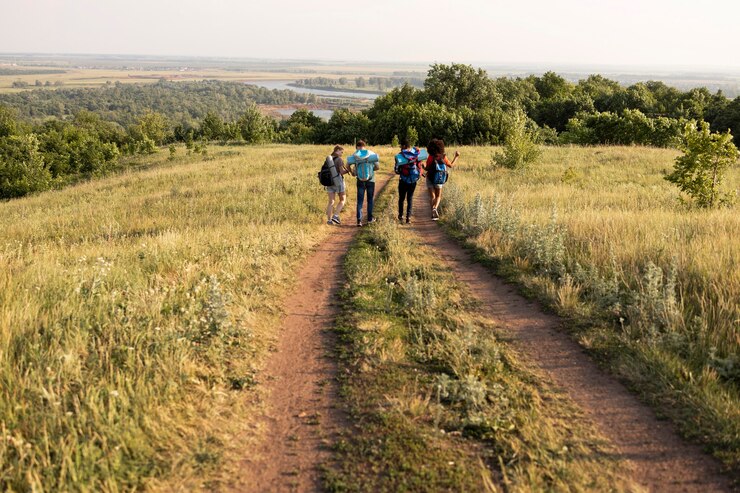 Photo gratuit long shot personnes marchant dans la nature