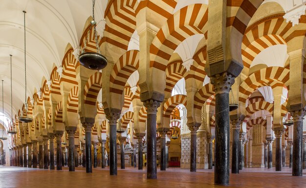 Low angle shot de colonnes à motifs alignés à l'intérieur d'une majestueuse cathédrale en Espagne