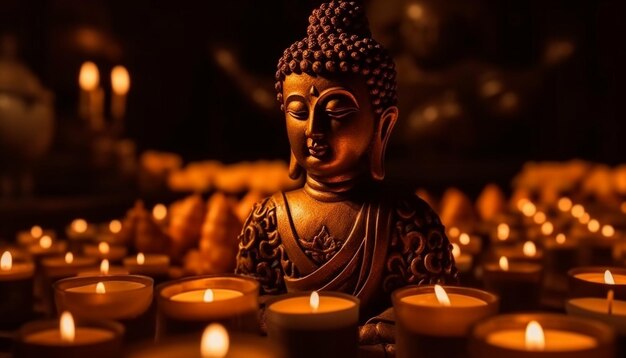 La lueur des bougies et les statues symbolisent l'harmonie tranquille des religions générée par l'IA