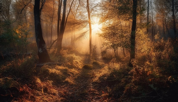 Photo gratuite la lumière du soleil dorée illumine la beauté vibrante de la forêt d'automne générée par l'ia