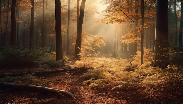 Photo gratuite la lumière du soleil filtre à travers le brouillard révélant le mystère automnal généré par l'ia