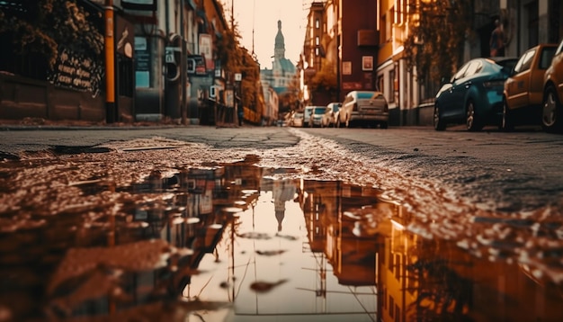 Photo gratuite les lumières de la ville se reflètent sur le canal humide au crépuscule généré par l'ia