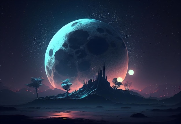 Photo gratuite lune dans le ciel la nuit jeu d'actifs de fond 2d futuriste ai générative