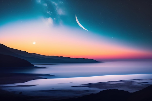 Une lune sur une plage avec un coucher de soleil en arrière-plan