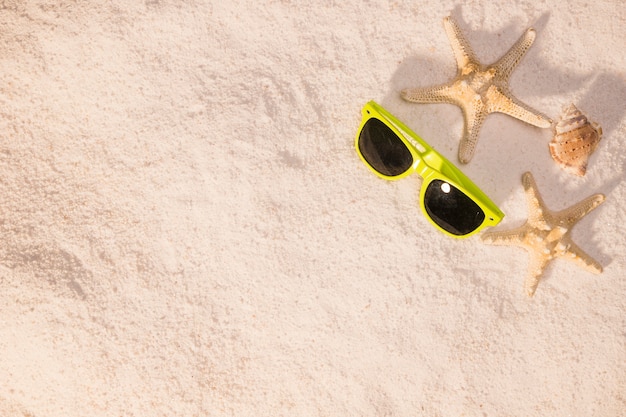 Lunettes de soleil étoile de mer et fruits de mer sur la plage