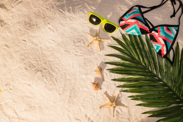 Lunettes de soleil et maillot de bain feuille de palmier sur la plage