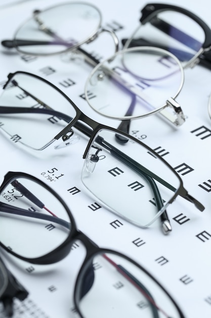 Lunettes et tableau des yeux sur fond blanc