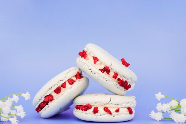 Macaron blanc avec des fleurs sur fond coloré