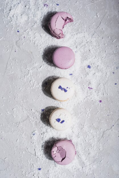 Macarons mauves et blancs saupoudrés de noix de coco desséchée sur fond de béton