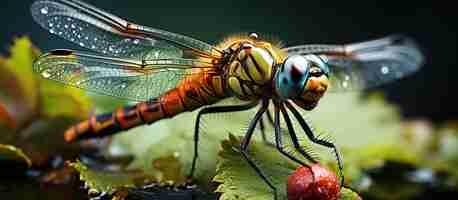 Photo gratuite macro d'une libellule assise sur une feuille verte sur fond sombre