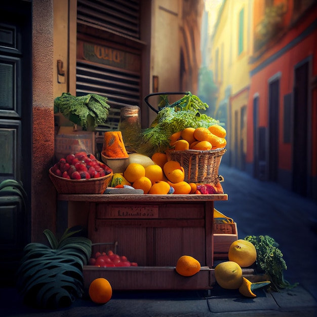 Photo gratuite magasin de fruits et légumes avec des plantes dans la rue ia générative