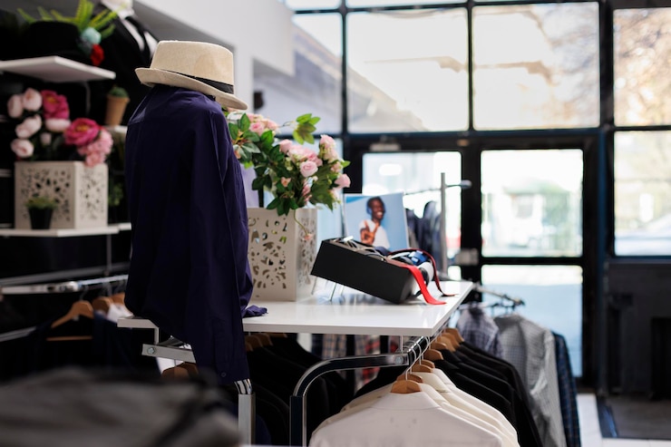 Photo gratuit magasin de vêtements vide avec des vêtements décontractés et formels, magasin de détail avec des vêtements élégants sur des cintres et des étagères. boutique moderne à l'intérieur du centre commercial, marchandise à la mode en vente.