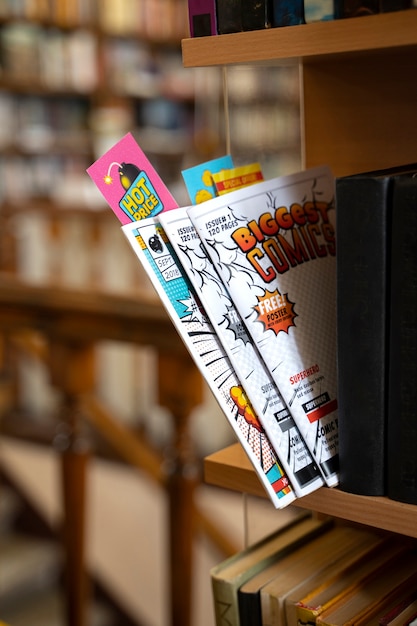 Photo gratuite magazines de bandes dessinées sur une étagère dans la bibliothèque