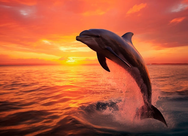 Photo gratuite magnifique dauphin nageant au coucher du soleil