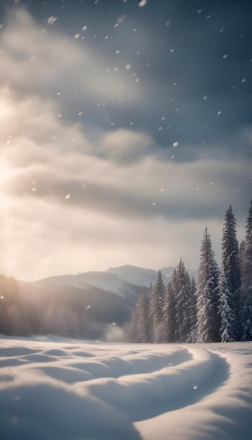 Magnifique paysage d'hiver avec des sapins enneigés et des montagnes en arrière-plan