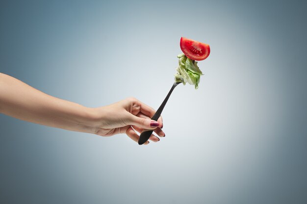 Main de belle femme tenant une rose rouge