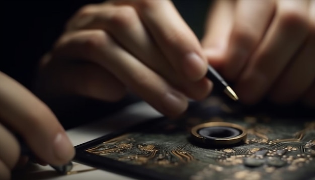 Photo gratuite main de bijoutier qualifié tenant un stylo en or pour une écriture précise générée par l'ia