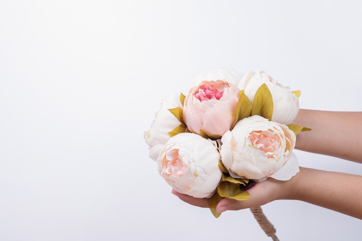 Photo gratuit main de femme tenant des roses de pivoine.