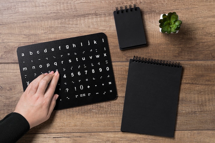 Photo gratuit main lisant le tableau de l'alphabet braille