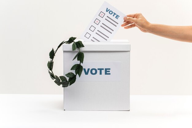 La main met le bulletin de vote dans la boîte de vote et une couronne