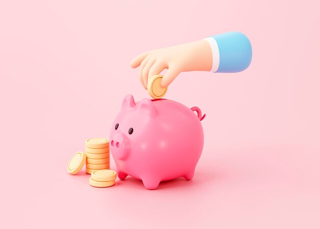 Main mettant la pièce au concept d'économies d'argent piggy rose sur fond rose rendu 3d