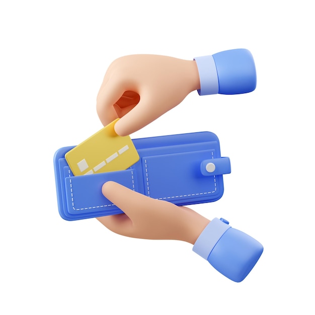 Photo gratuite main de rendu 3d tenant un portefeuille avec carte bancaire