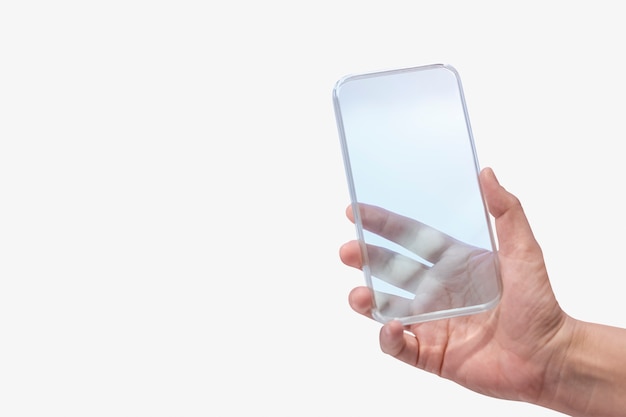 Photo gratuite main tenant le concept de technologie futuriste smartphone transparent