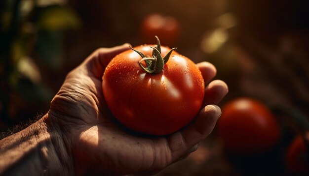 Main tenant une tomate mûre de fraîcheur générée par l'IA