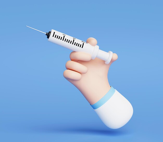 La main tient la seringue avec le vaccin contre le signe ou le symbole de l'icône du virus sur fond bleu illustration 3d dessin animé concept médical et de soins de santé