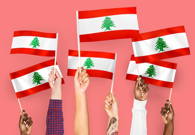 Photo gratuite mains agitant des drapeaux du liban