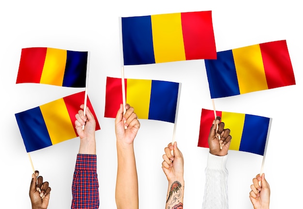 Mains agitant des drapeaux de la Roumanie