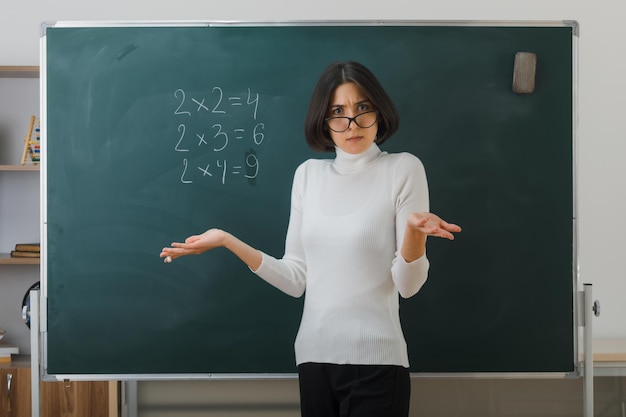 mains écartées mécontentes jeune enseignante portant des lunettes debout devant le tableau noir et écrit en classe