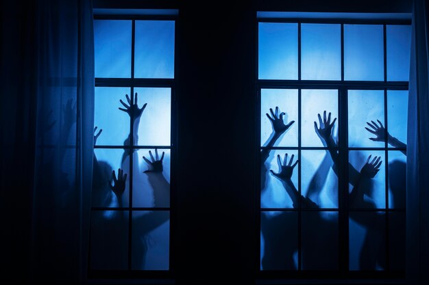 Mains effrayantes de zombie sur une fenêtre