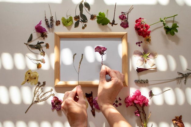 Photo gratuite mains faisant un cadre avec des fleurs pressées