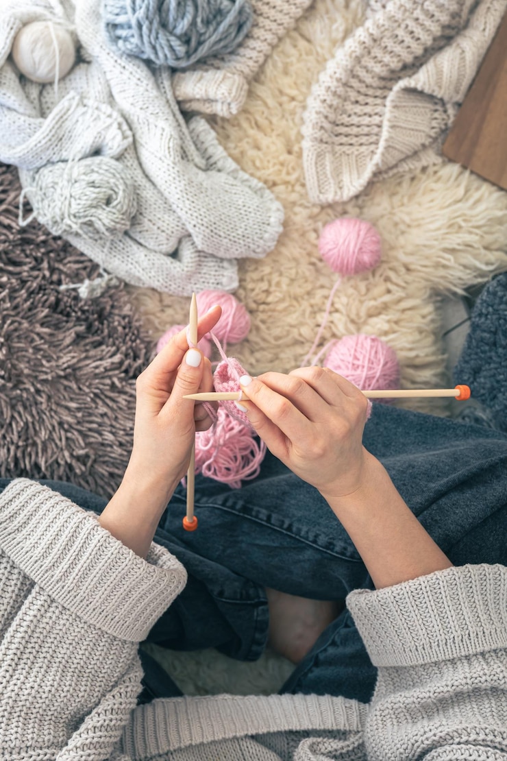 Photo gratuit des mains féminines tricotent un foulard rose chaud à la maison
