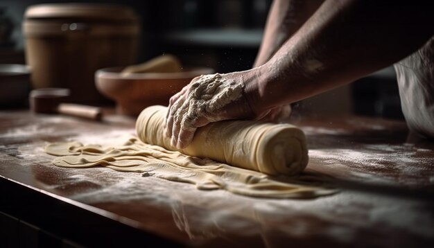 Des mains humaines préparent de la pâte fraîche pour la cuisson générée par l'IA